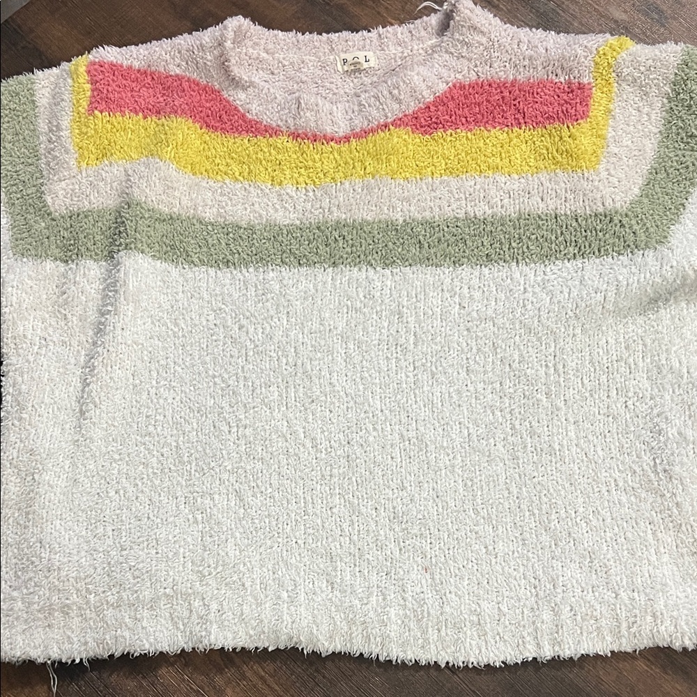 POL Plush Crewneck Sweater in Light Gray with Pink, Yellow & Sage Stripes - Picture 3 of 6